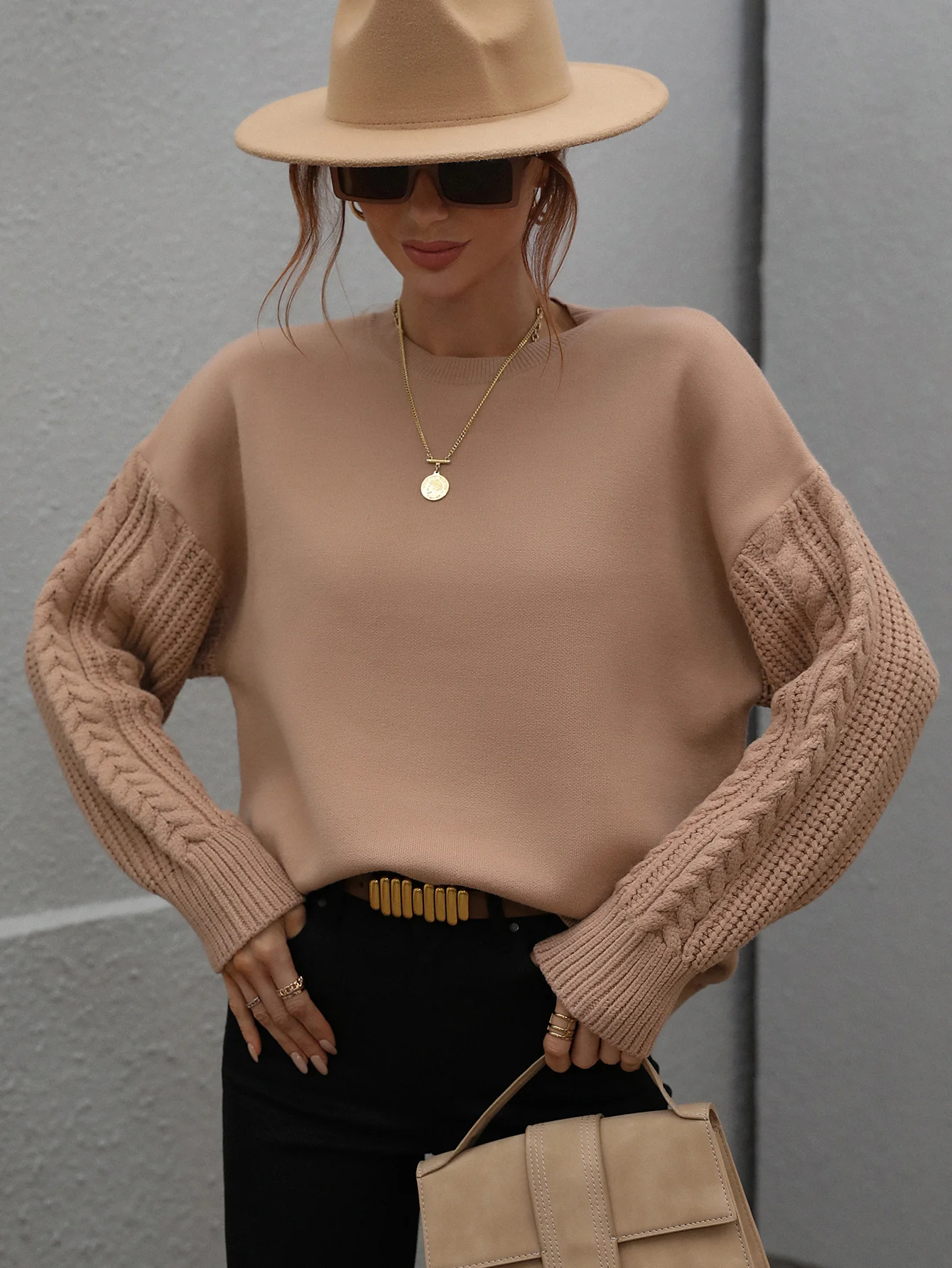 BRAIDED SLEEVE KNIT SWEATER - KHAKI - Image 7