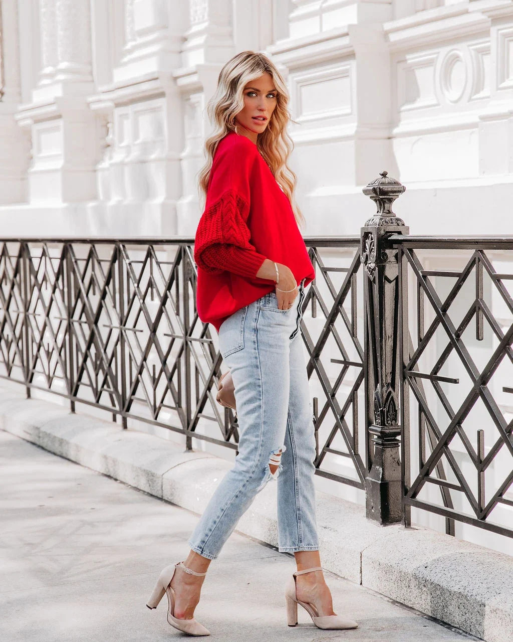 BRAIDED SLEEVE KNIT SWEATER - RED - Image 3