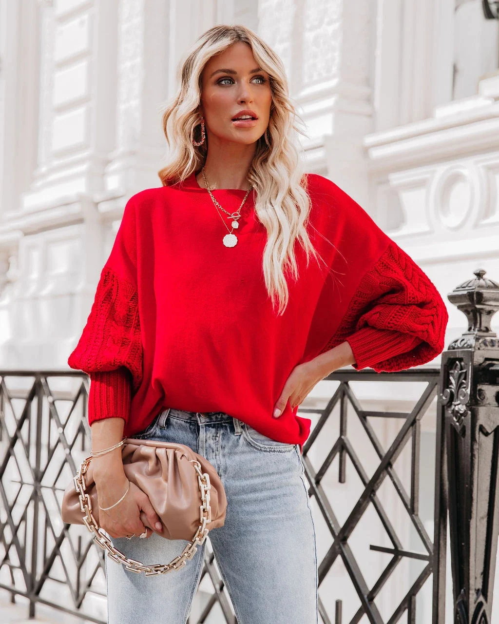 BRAIDED SLEEVE KNIT SWEATER - RED - Image 4