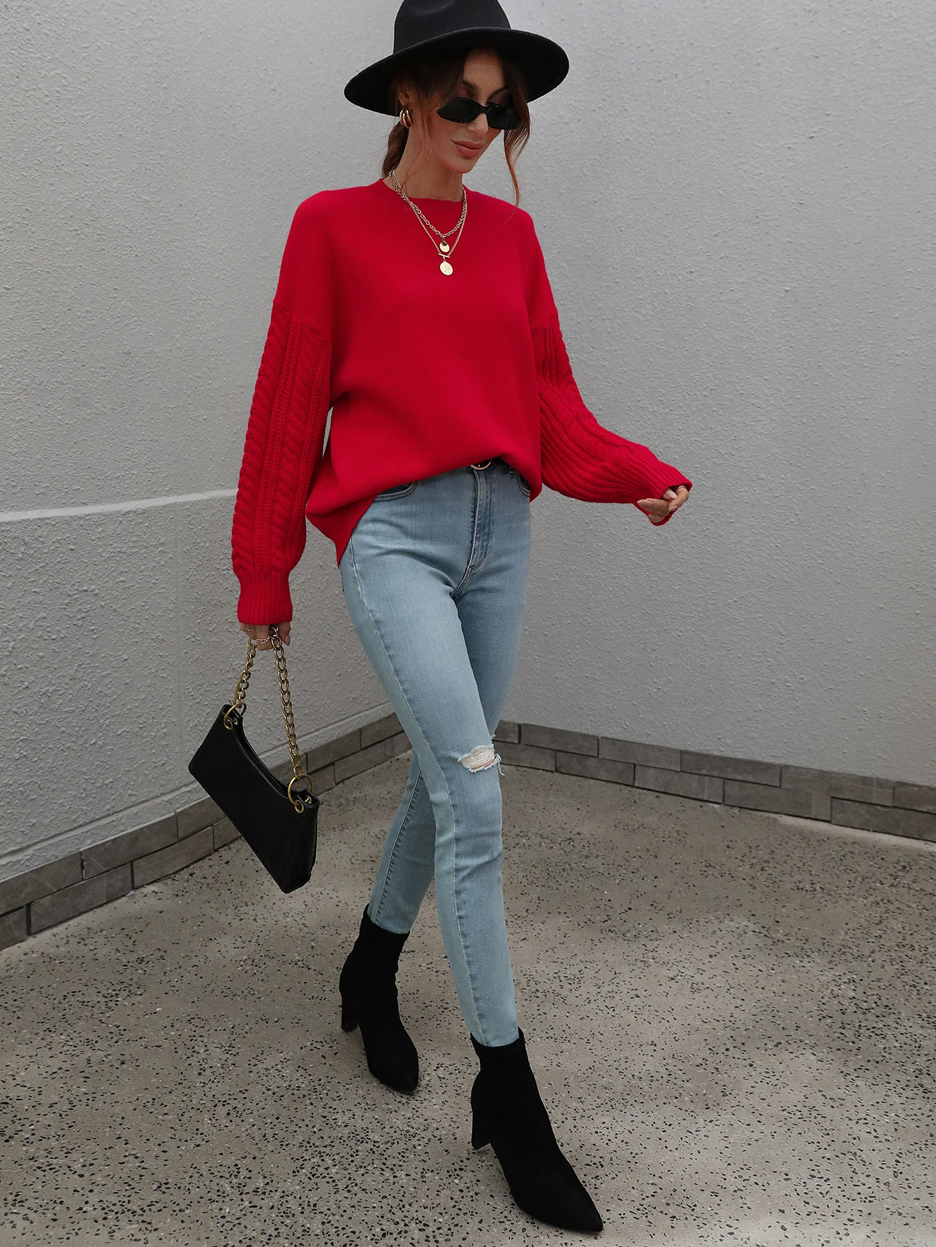 BRAIDED SLEEVE KNIT SWEATER - RED - Image 5