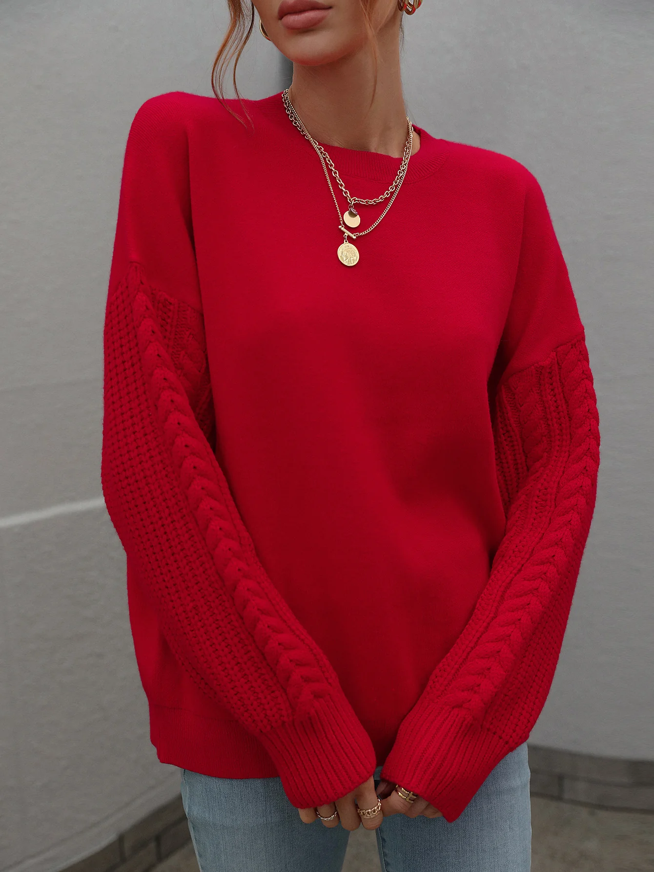 BRAIDED SLEEVE KNIT SWEATER - RED - Image 6