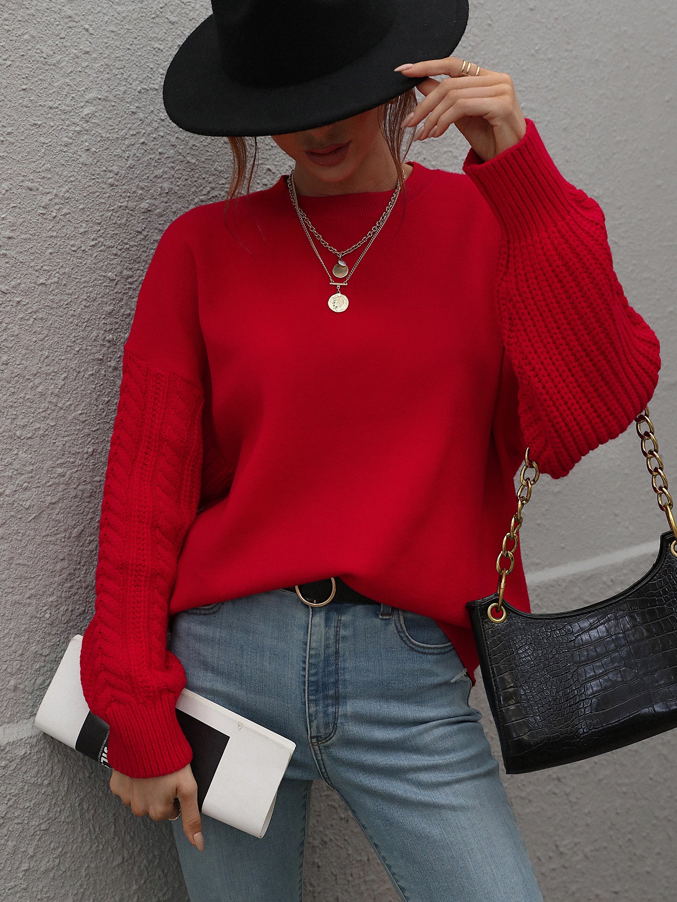 BRAIDED SLEEVE KNIT SWEATER - RED - Image 7