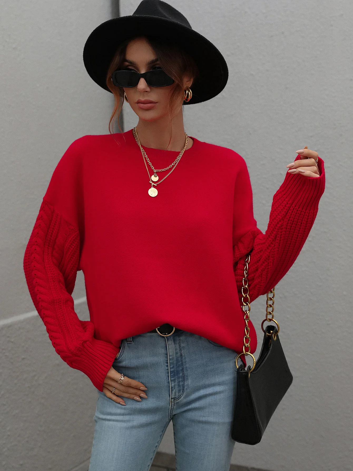 BRAIDED SLEEVE KNIT SWEATER - RED - Image 8