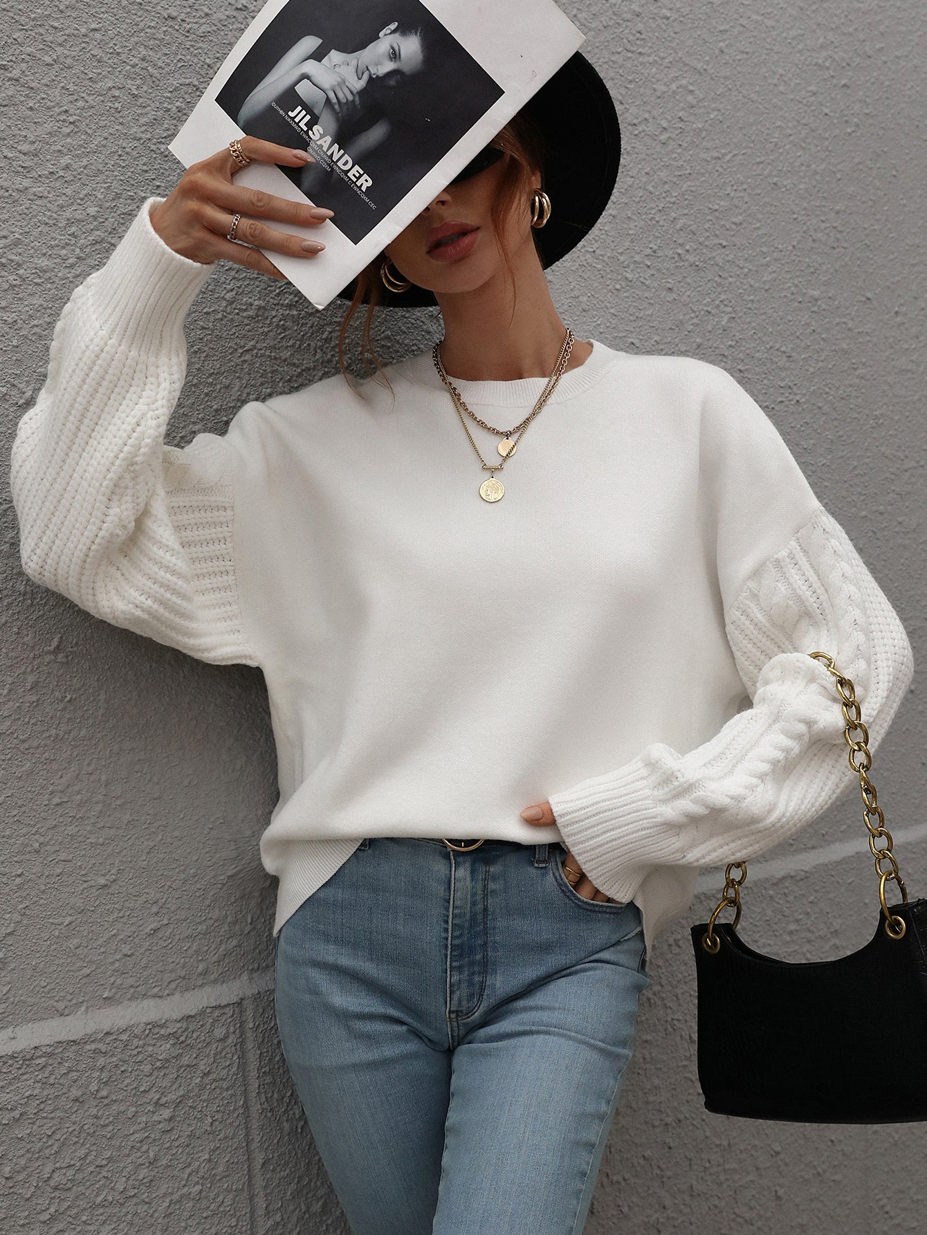BRAIDED SLEEVE KNIT SWEATER - WHITE - Image 5