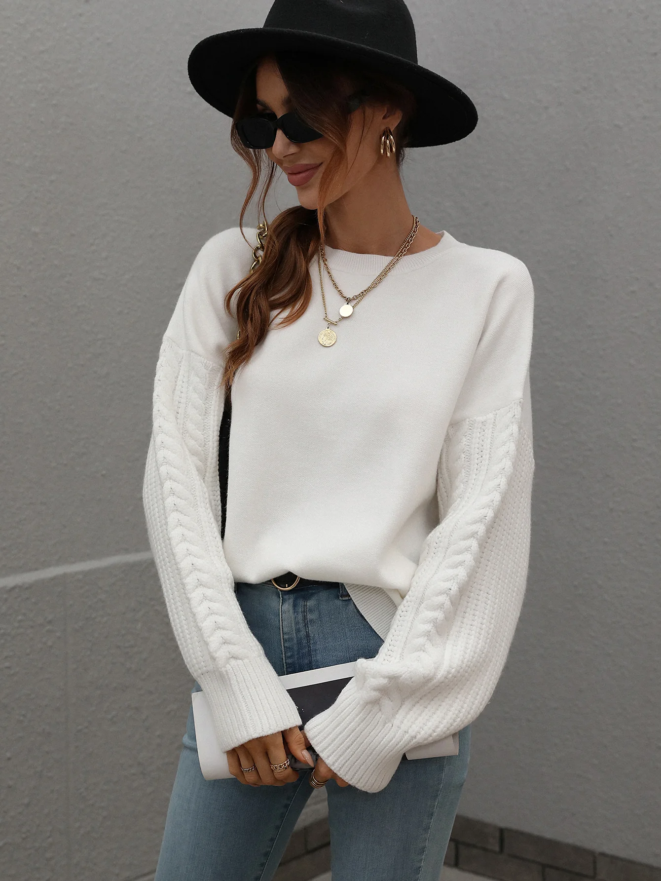 BRAIDED SLEEVE KNIT SWEATER - WHITE - Image 6