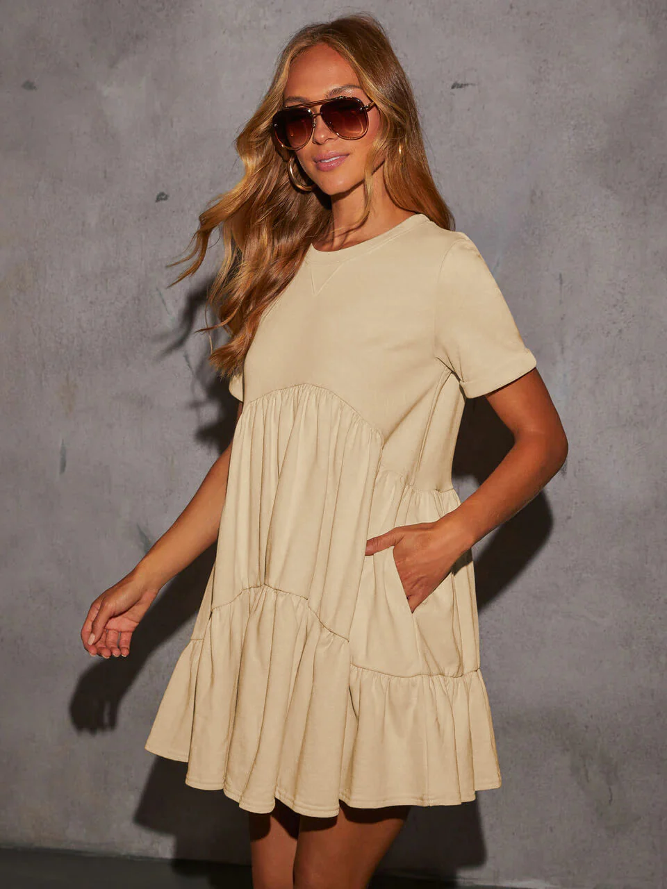 Brighter Days Tiered Mini Dress - beige - Image 4