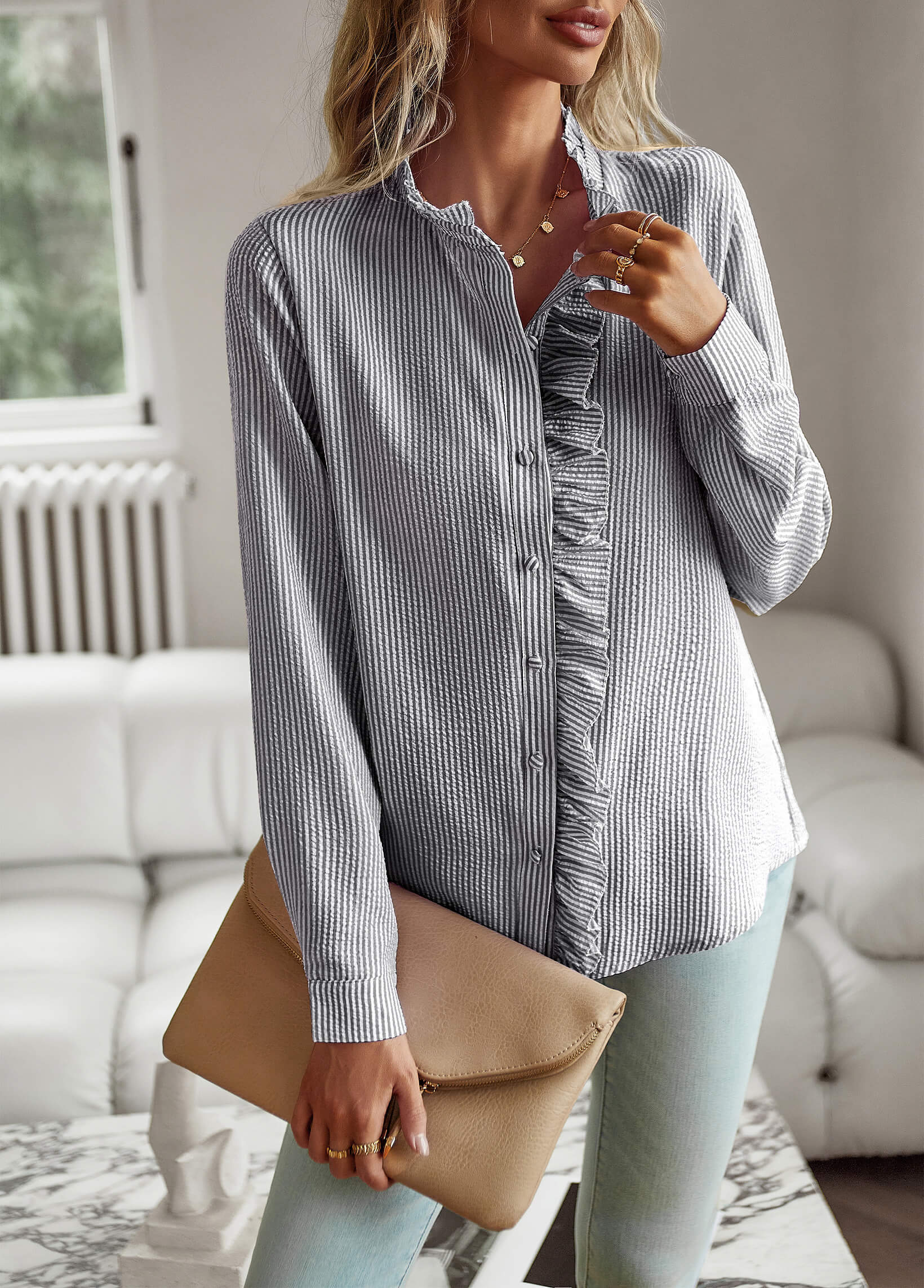 Brixey Stripe Ruffle Button Down Top - Black - Image 6