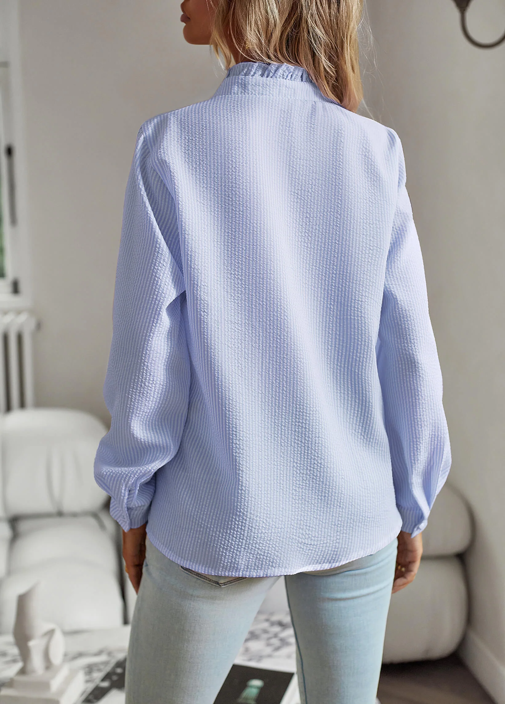 Brixey Stripe Ruffle Button Down Top - Blue - Image 3
