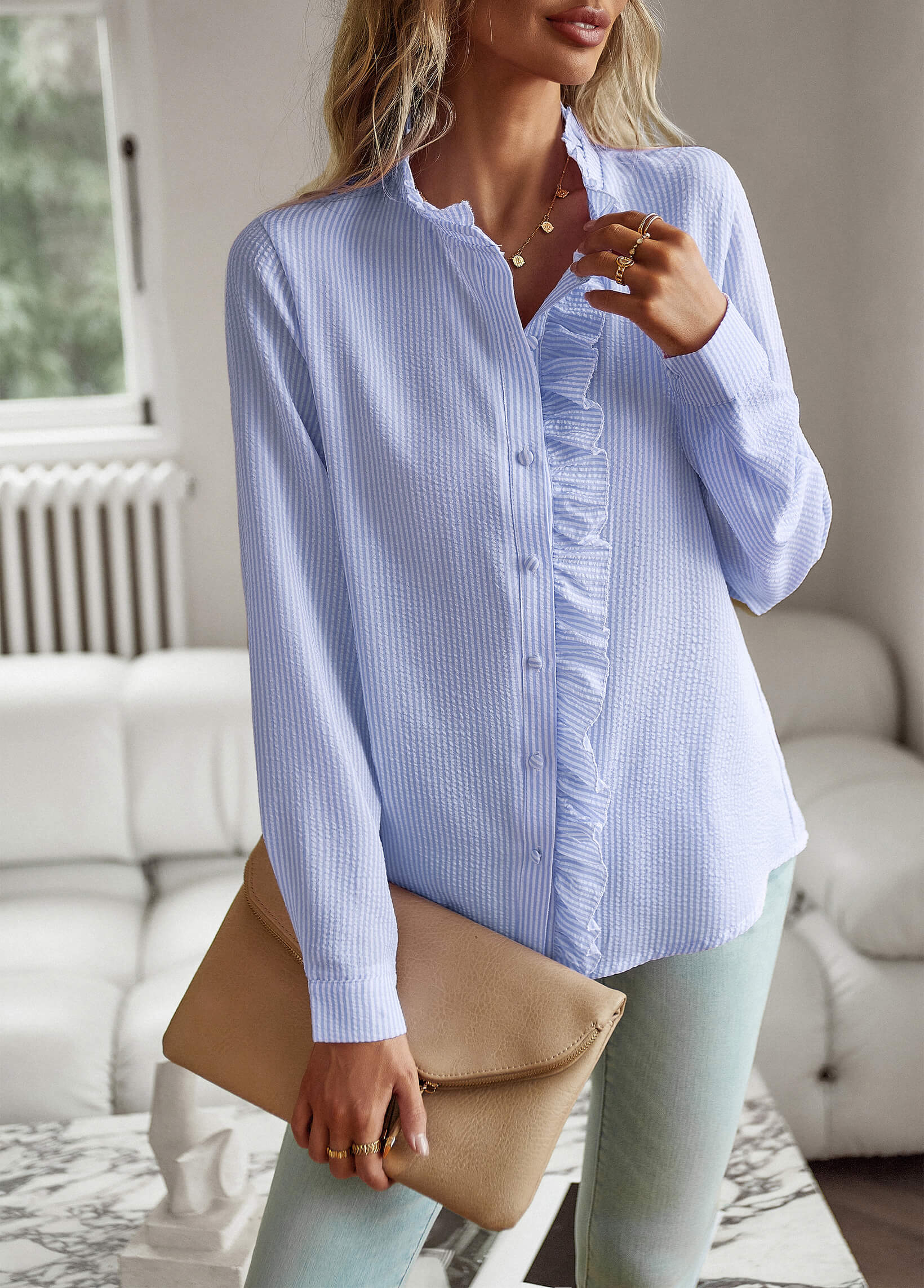 Brixey Stripe Ruffle Button Down Top - Blue - Image 5