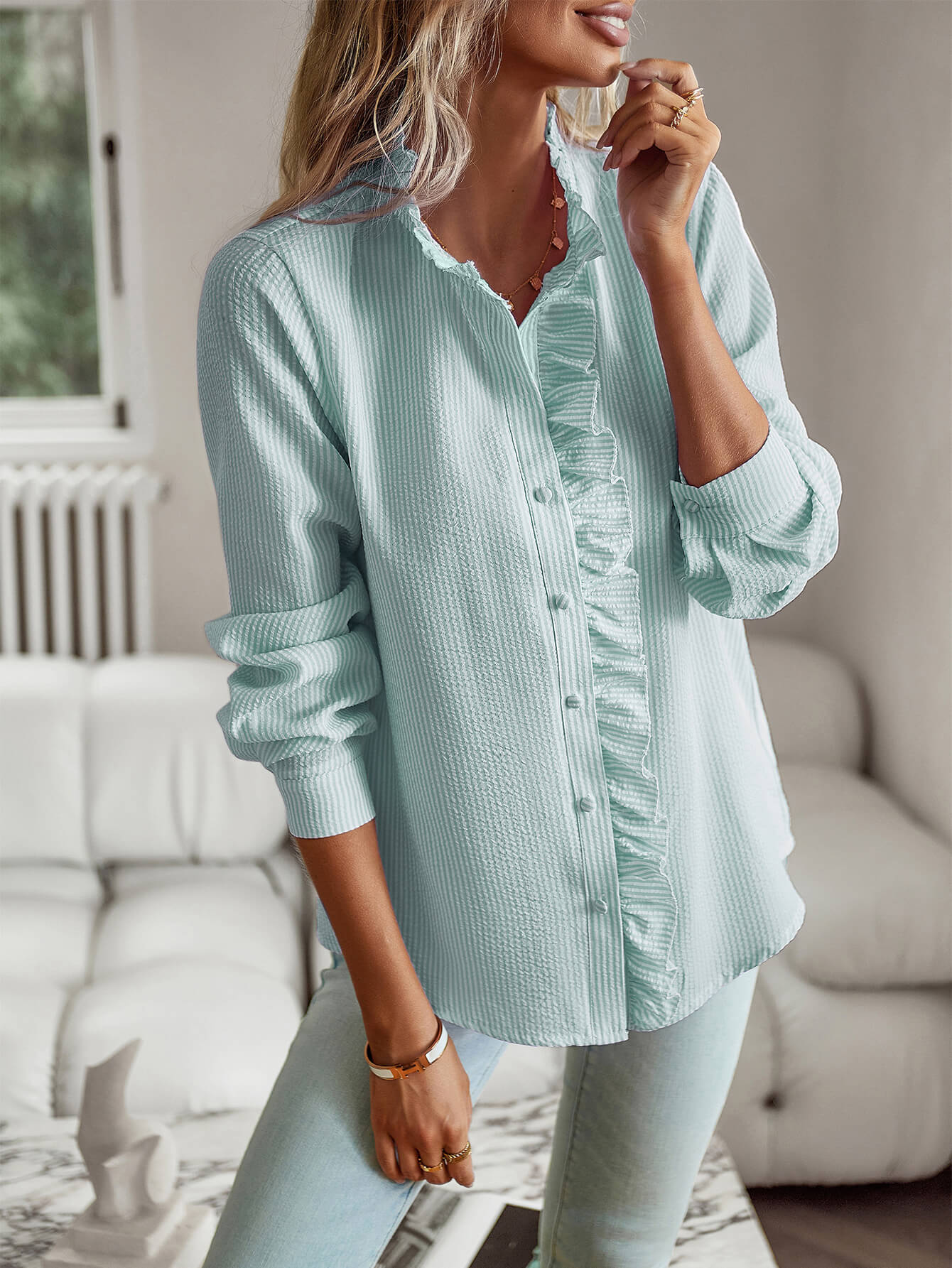 Brixey Stripe Ruffle Button Down Top - Green - Image 2