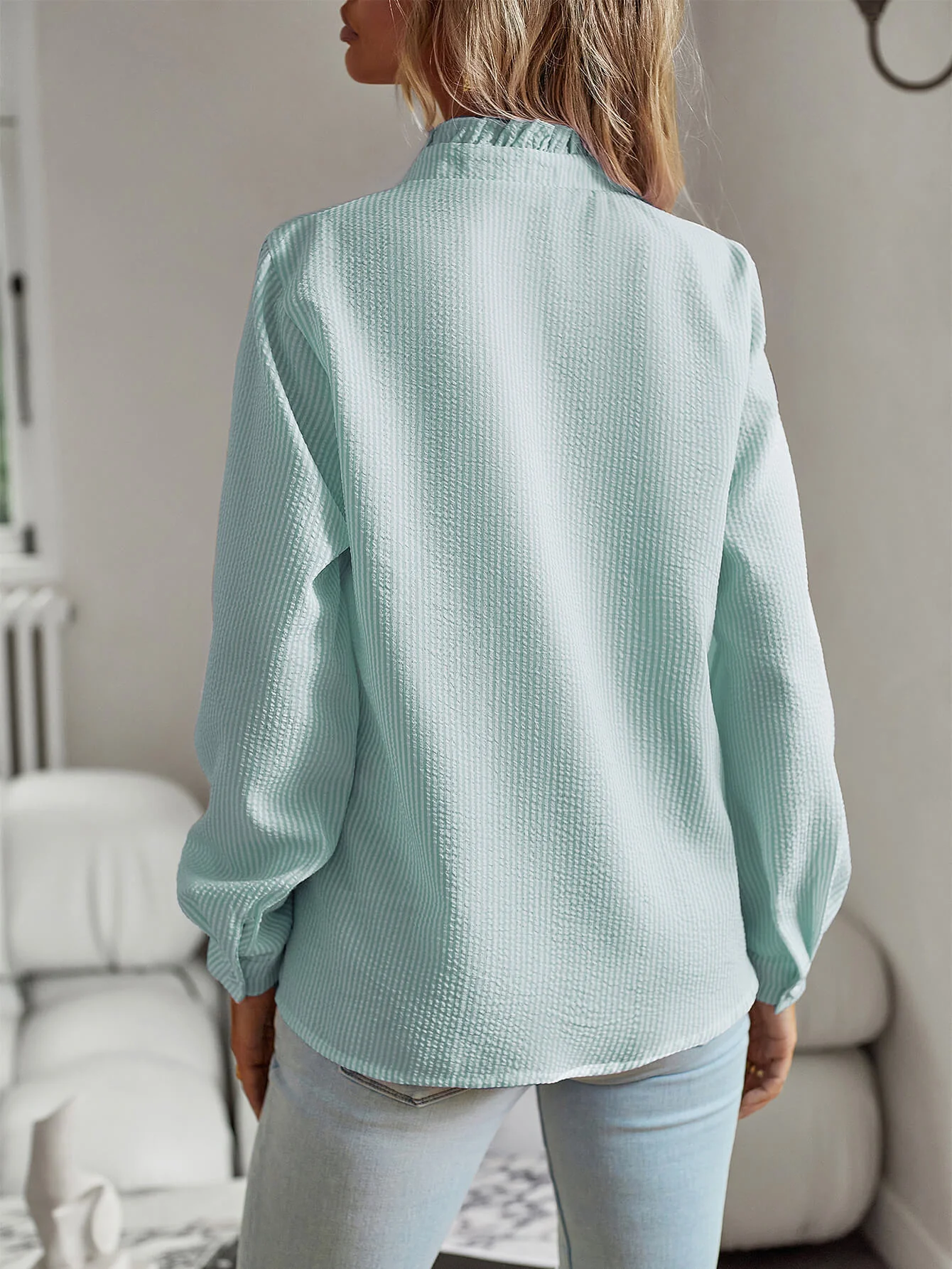 Brixey Stripe Ruffle Button Down Top - Green - Image 3