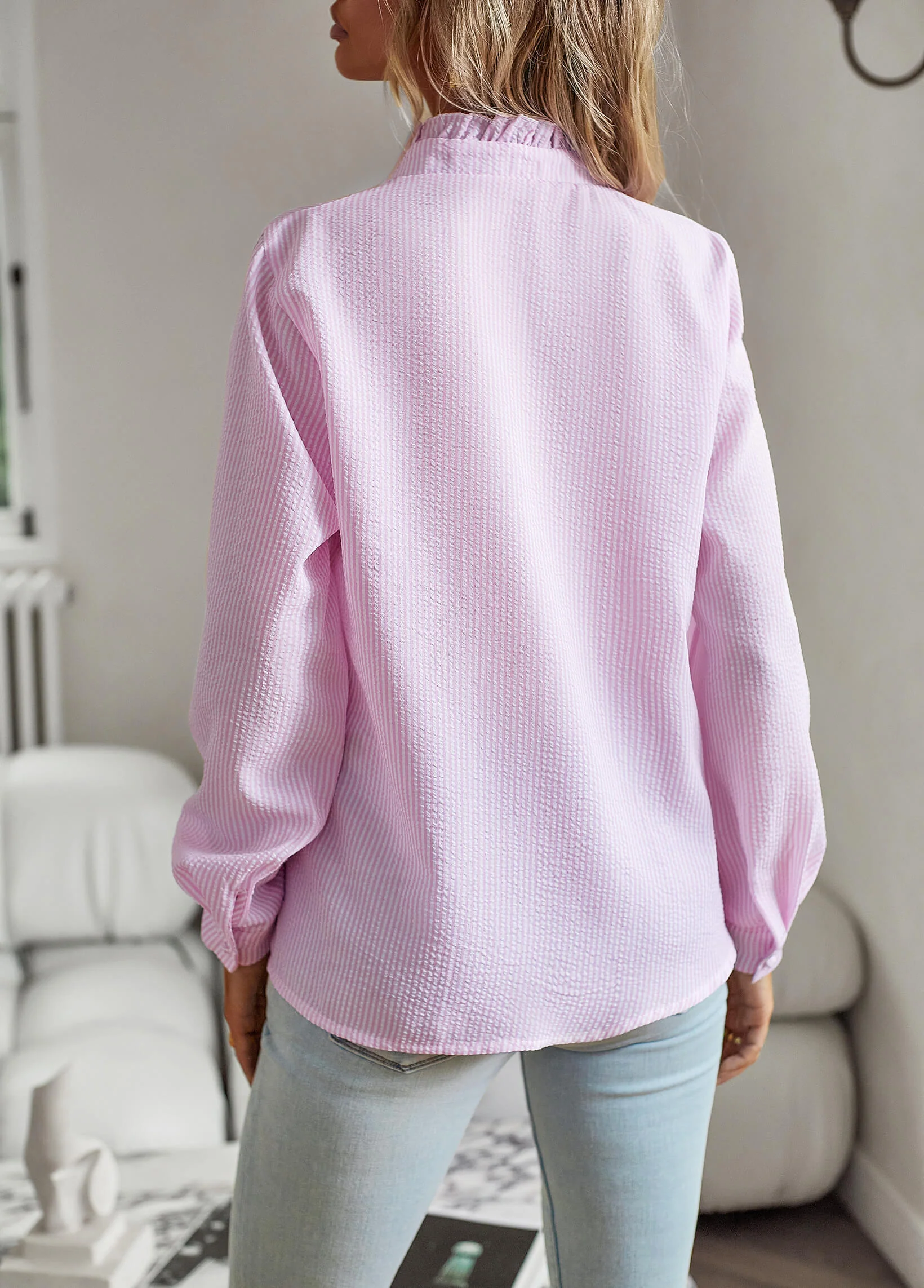 Brixey Stripe Ruffle Button Down Top - Pink - Image 3