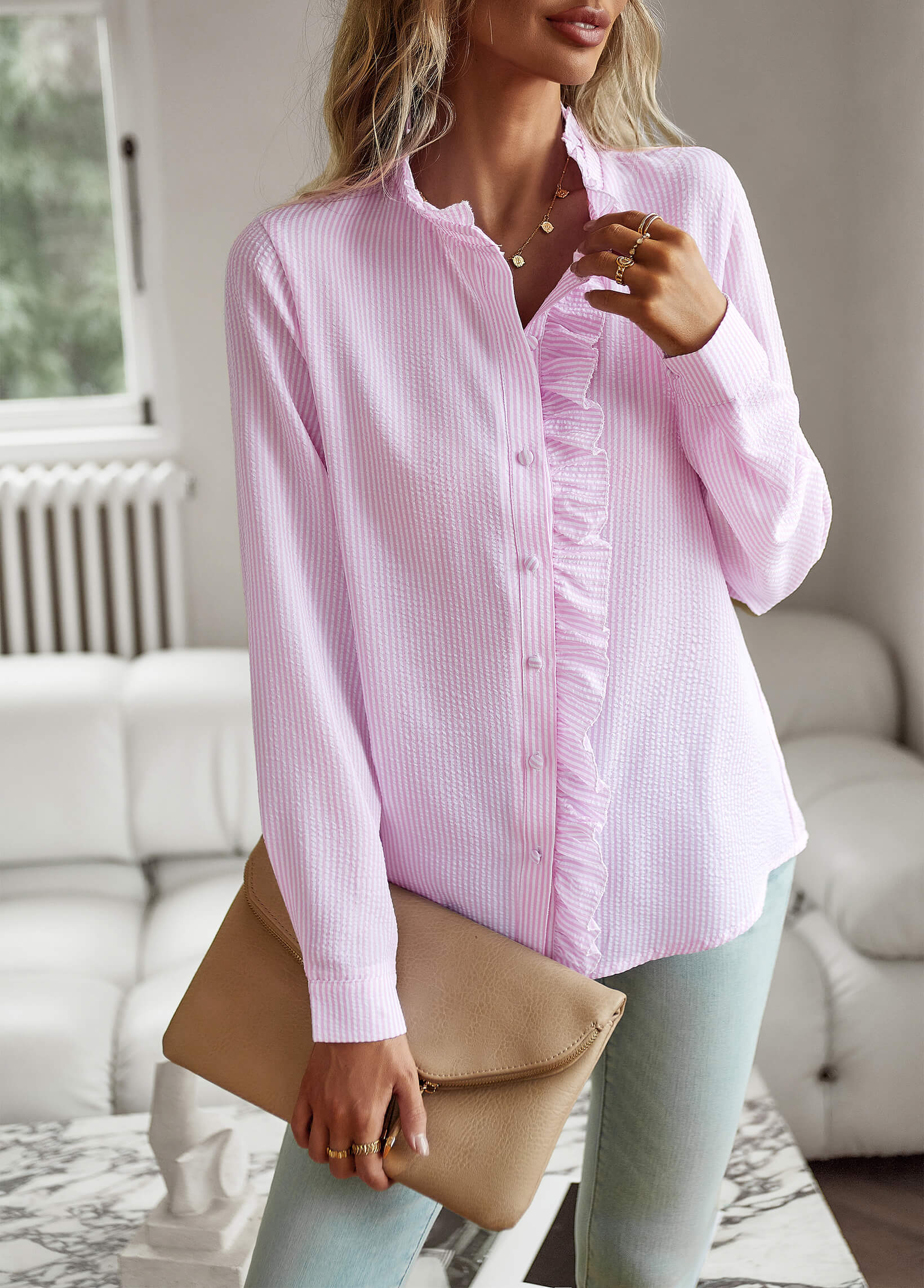 Brixey Stripe Ruffle Button Down Top - Pink - Image 4