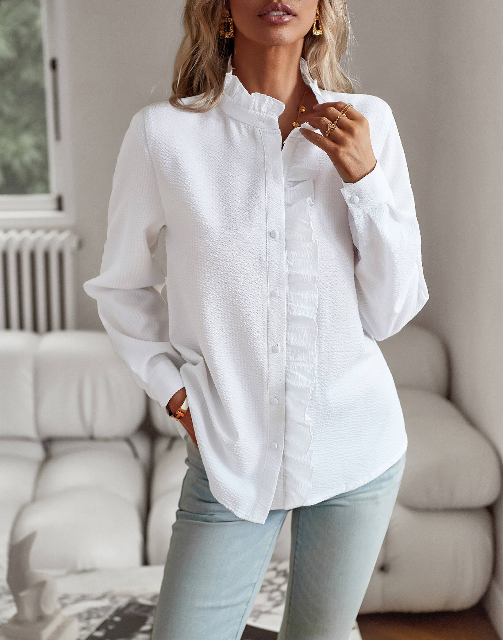 Brixey Stripe Ruffle Button Down Top - White - Image 2