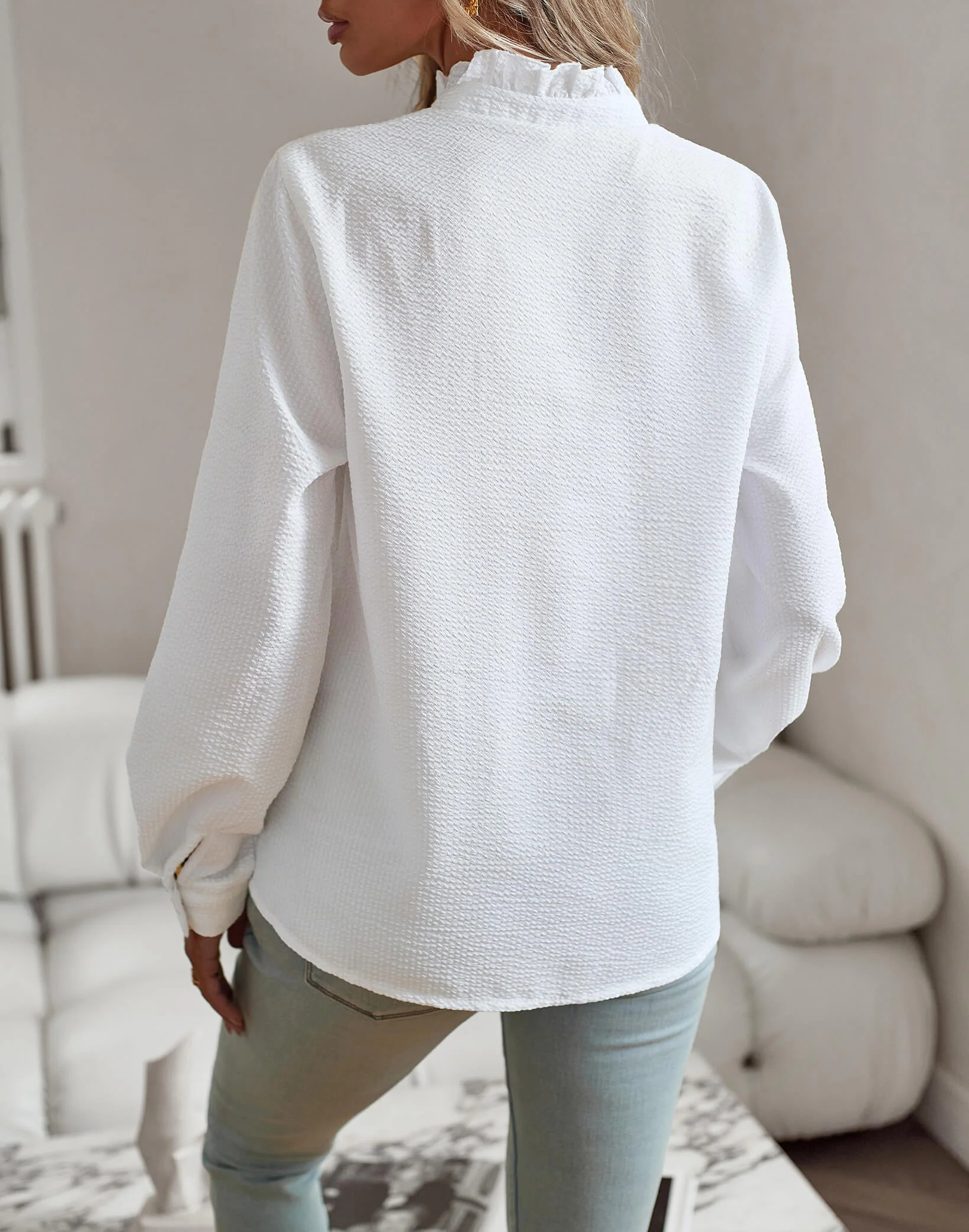Brixey Stripe Ruffle Button Down Top - White - Image 3