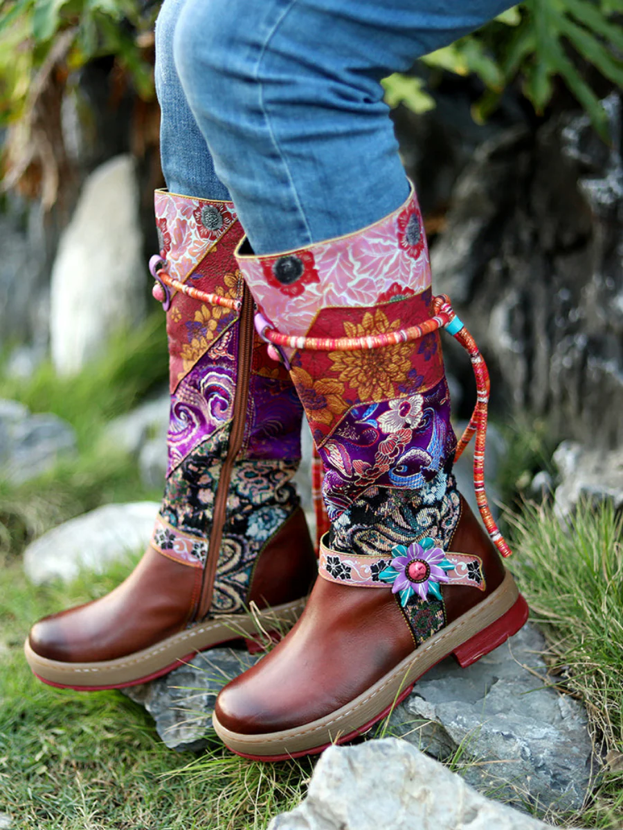 SOFFIA | Bohemian Floral Tie-Accent Boho Leather Knee Boots - Image 3