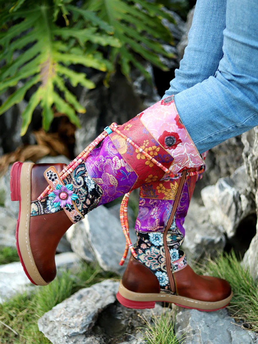 SOFFIA | Bohemian Floral Tie-Accent Boho Leather Knee Boots - Image 4