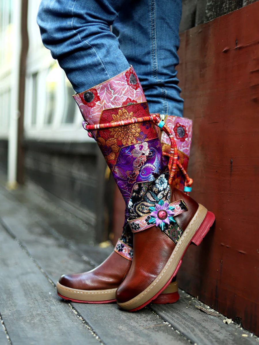 SOFFIA | Bohemian Floral Tie-Accent Boho Leather Knee Boots - Image 5