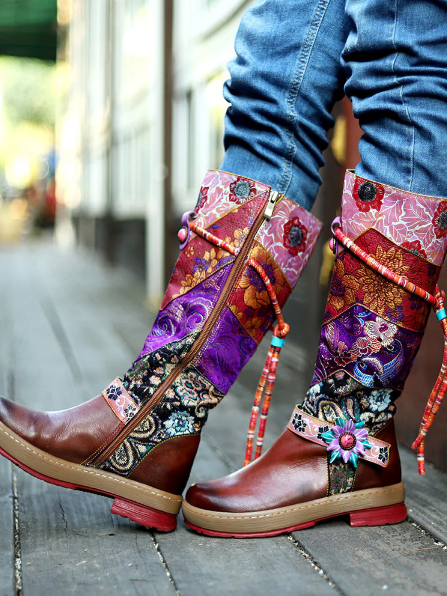 SOFFIA | Bohemian Floral Tie-Accent Boho Leather Knee Boots - Image 6