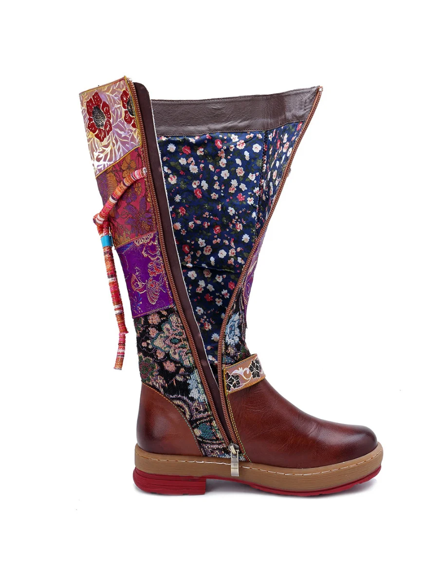 SOFFIA | Bohemian Floral Tie-Accent Boho Leather Knee Boots - Image 7