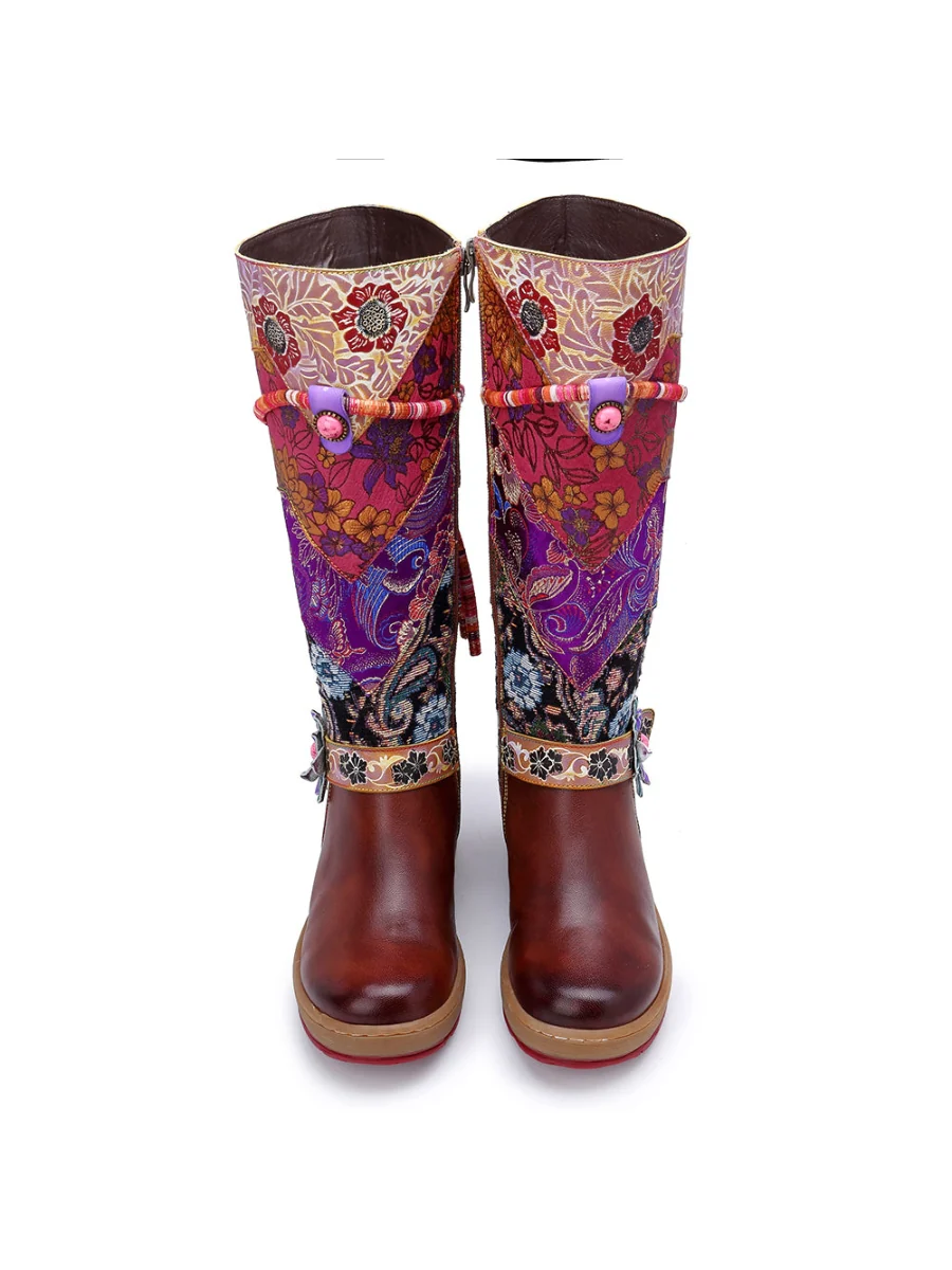 SOFFIA | Bohemian Floral Tie-Accent Boho Leather Knee Boots - Image 8