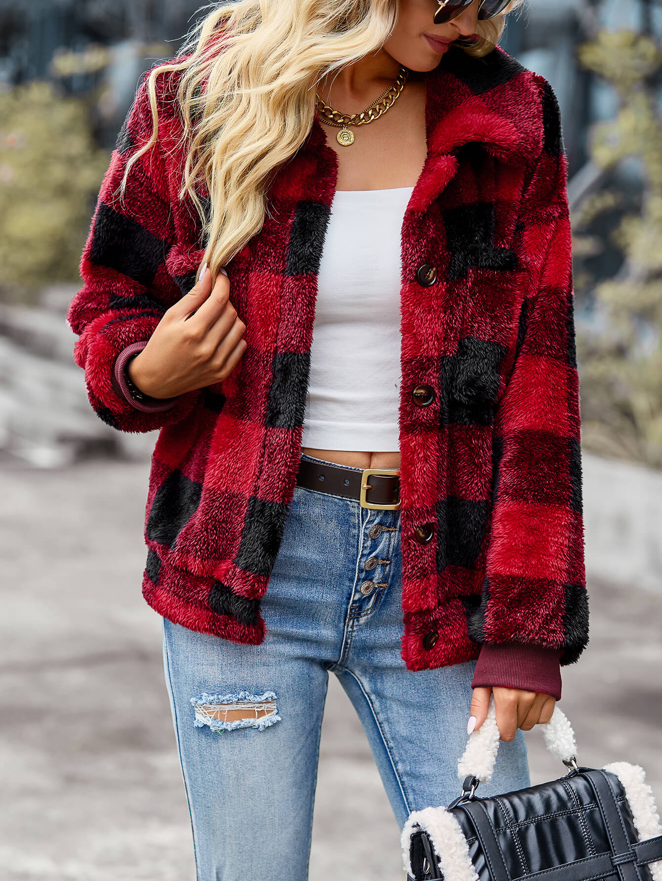 BUST POCKET PLAID FLEECE COAT - RED - Image 2