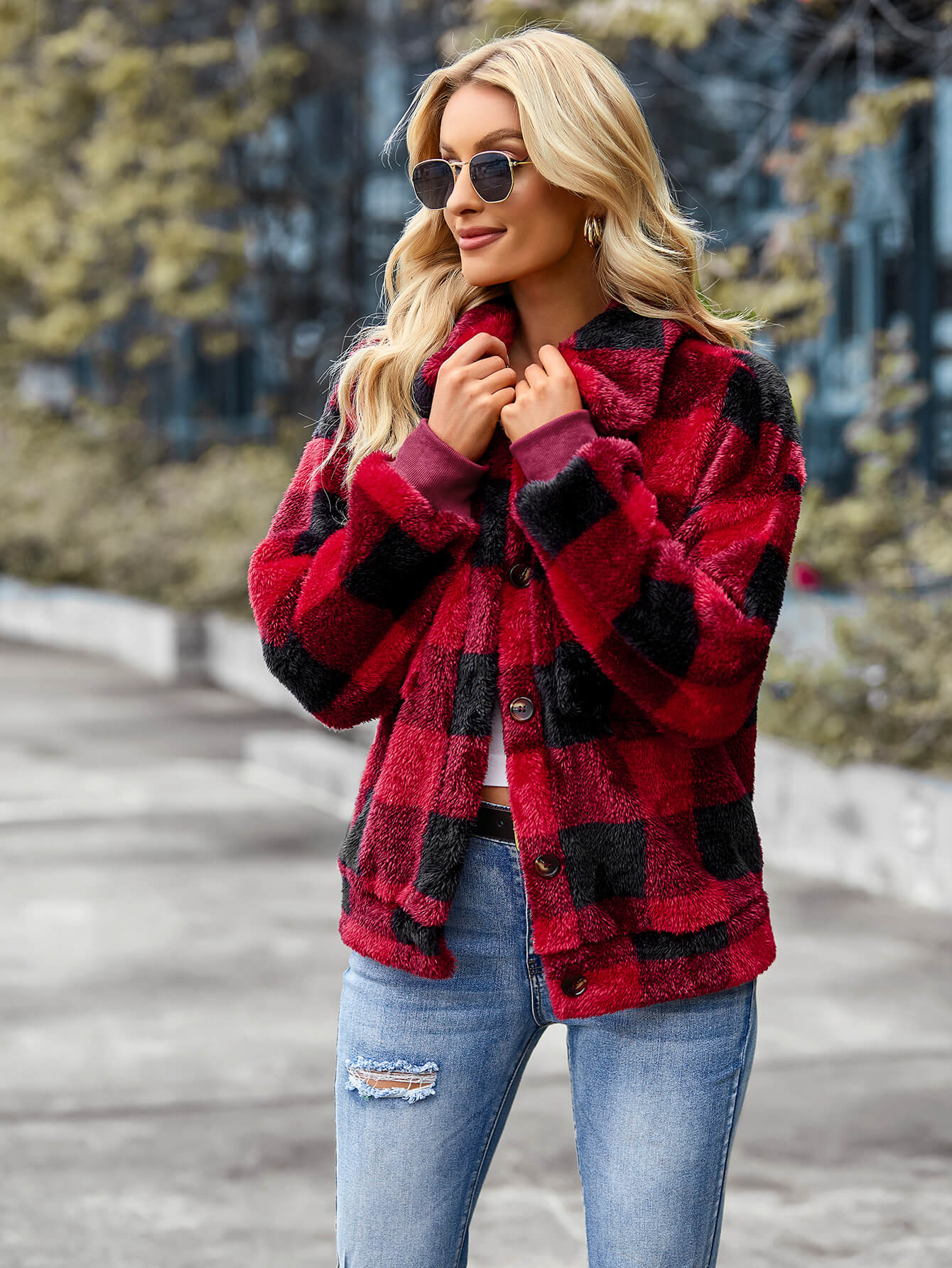 BUST POCKET PLAID FLEECE COAT - RED - Image 3