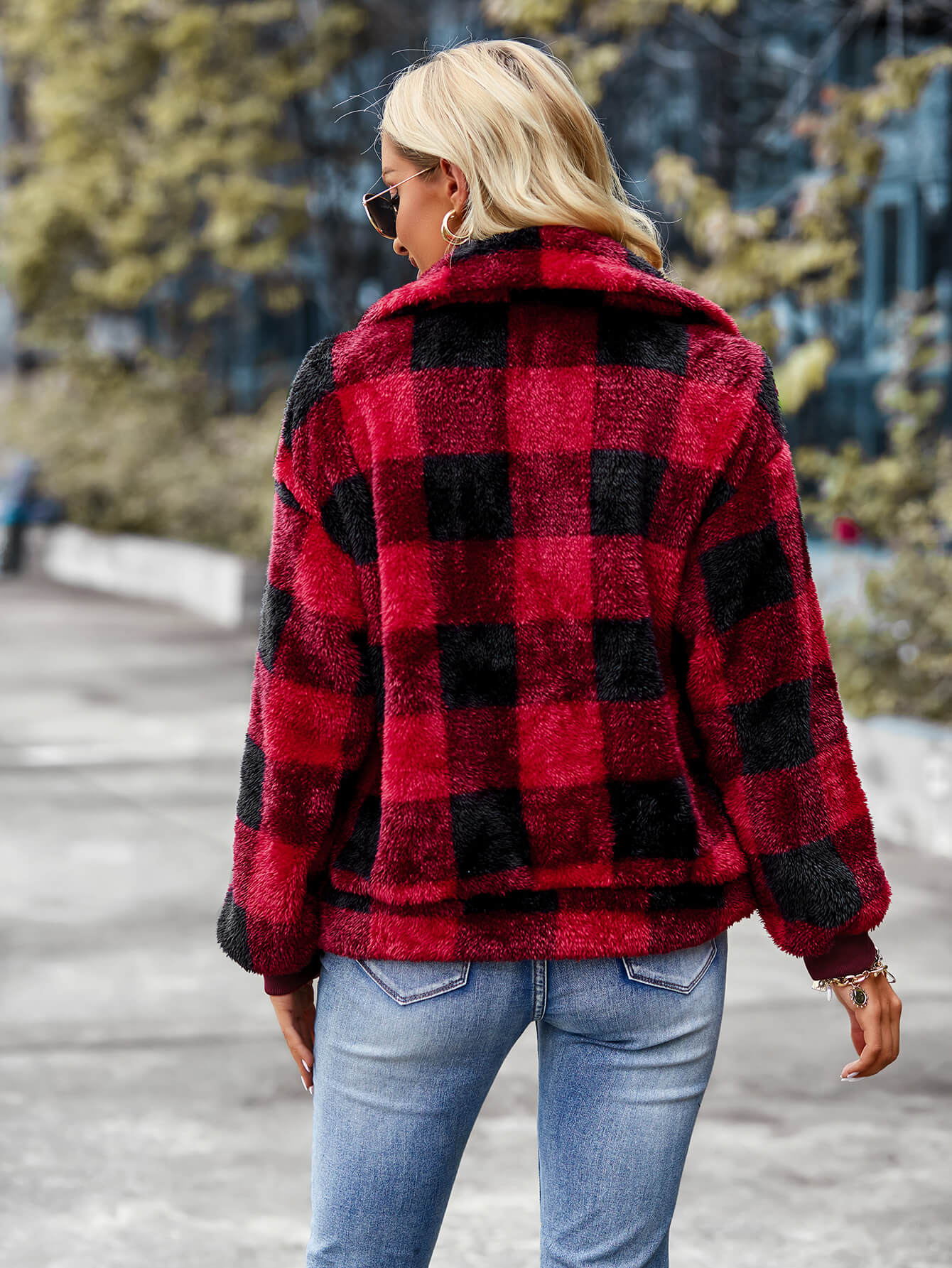BUST POCKET PLAID FLEECE COAT - RED - Image 4