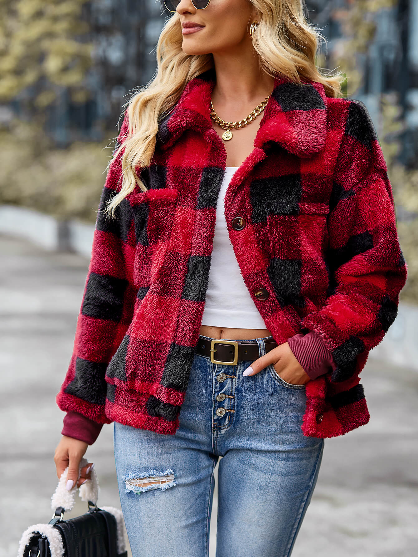 BUST POCKET PLAID FLEECE COAT - RED - Image 5
