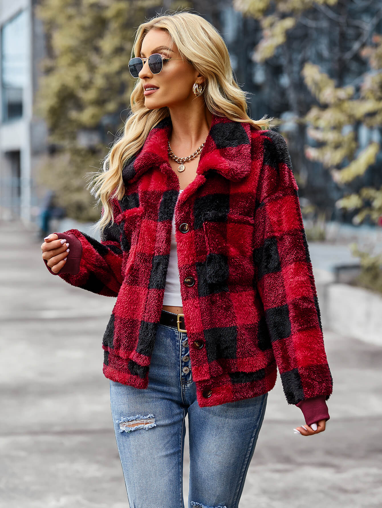 BUST POCKET PLAID FLEECE COAT - RED - Image 6