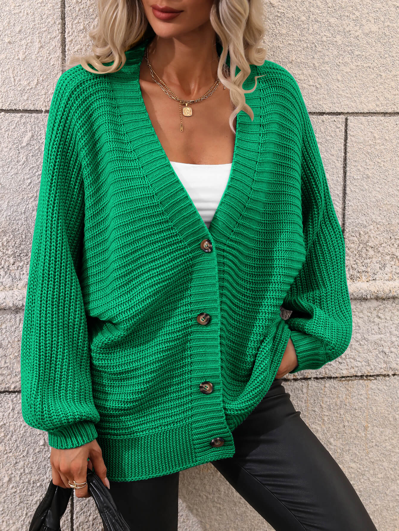 BUTTON UP OVERSIZED KNIT CARDIGAN - GREEN - Image 2