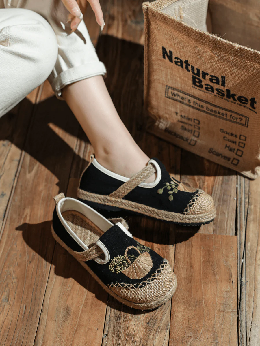 CACTUS ROSE | BASKET EMBROIDERED LINEN ESPADRILLE LOAFER - BLACK - Image 7