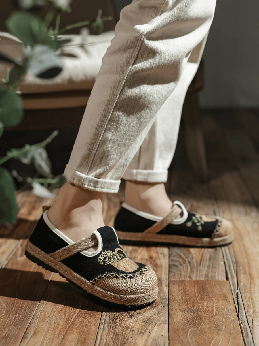 CACTUS ROSE | BASKET EMBROIDERED LINEN ESPADRILLE LOAFER - BLACK - Image 8