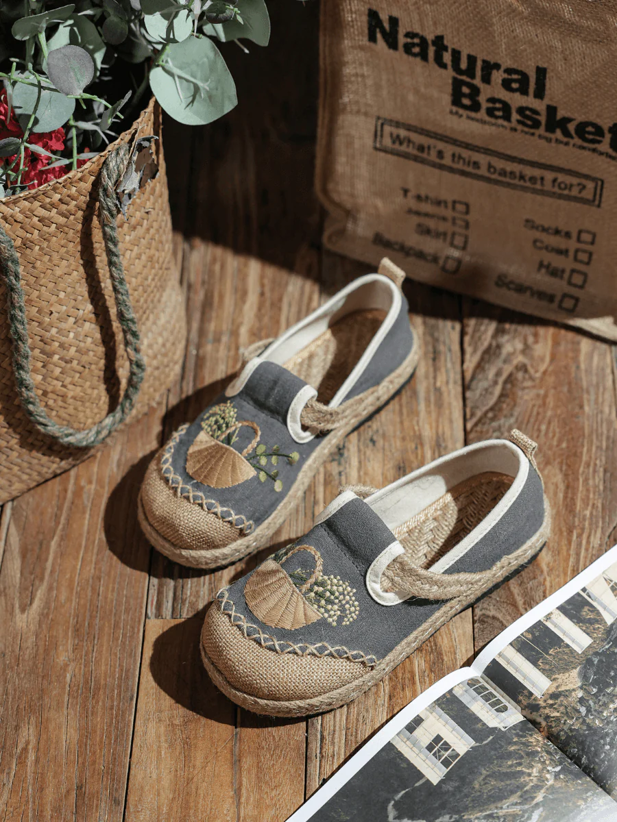 CACTUS ROSE | BASKET EMBROIDERED LINEN ESPADRILLE LOAFER - GREY - Image 6