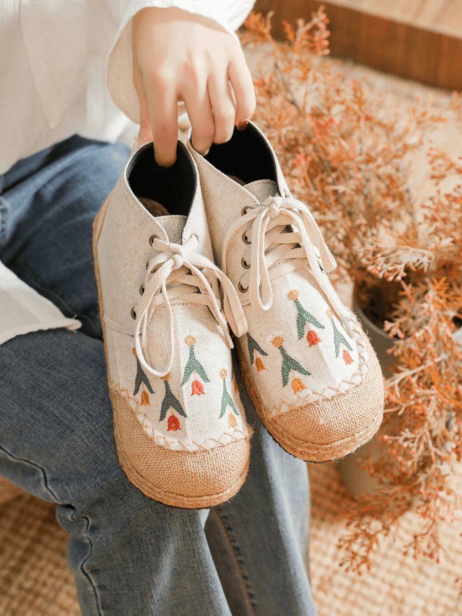 CACTUS ROSE | BEIGE RETRO EMBROIDERED LINEN SNEAKER - Image 5