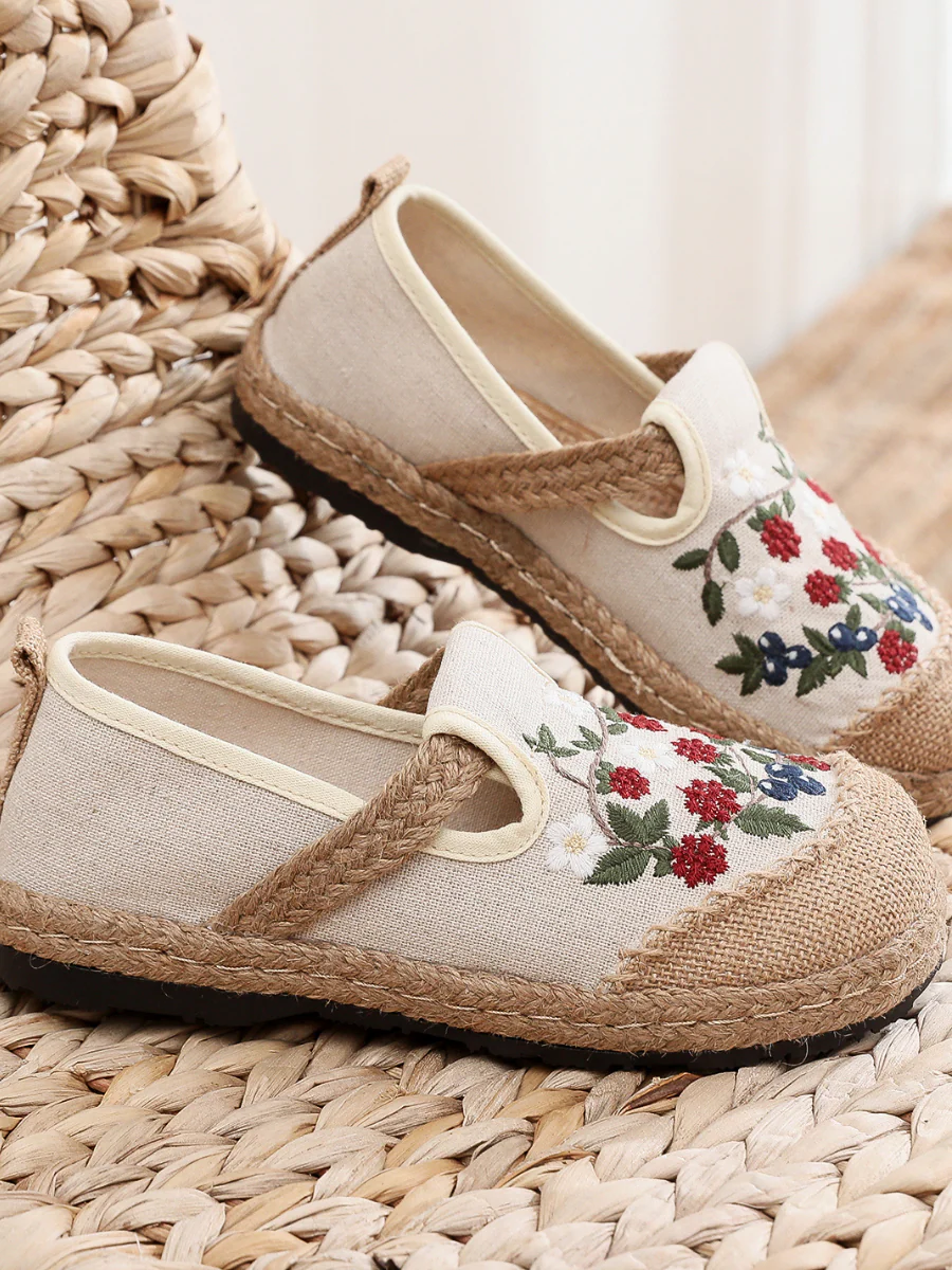 Cactus Rose | Berry Daisy Embroidered Linen Round Toe Espadrilles Loafers - Beige - Image 5