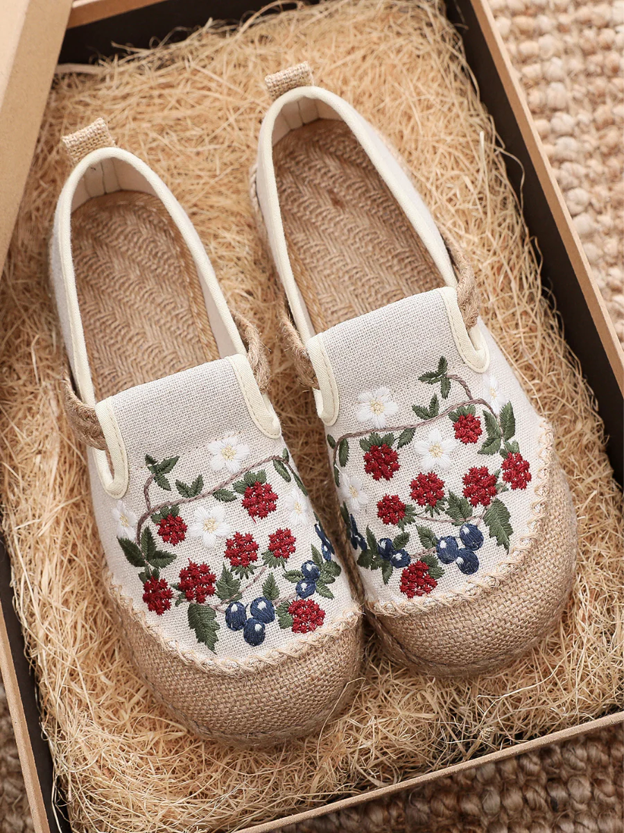 Cactus Rose | Berry Daisy Embroidered Linen Round Toe Espadrilles Loafers - Beige - Image 7