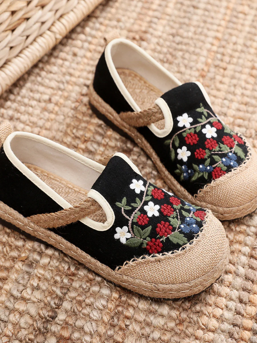 Cactus Rose | Berry Daisy Embroidered Linen Round Toe Espadrilles Loafers - Black - Image 4