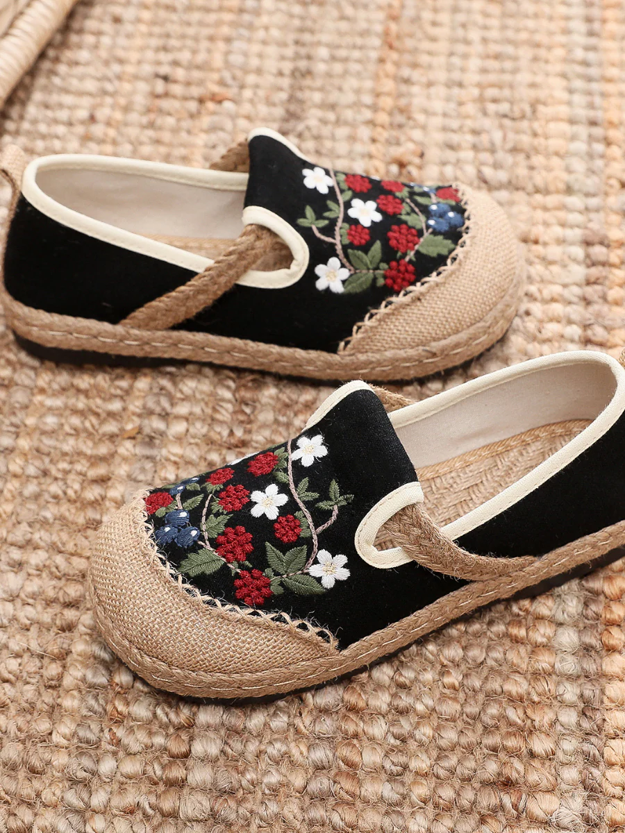Cactus Rose | Berry Daisy Embroidered Linen Round Toe Espadrilles Loafers - Black - Image 5