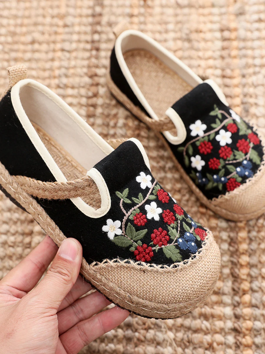 Cactus Rose | Berry Daisy Embroidered Linen Round Toe Espadrilles Loafers - Black - Image 6