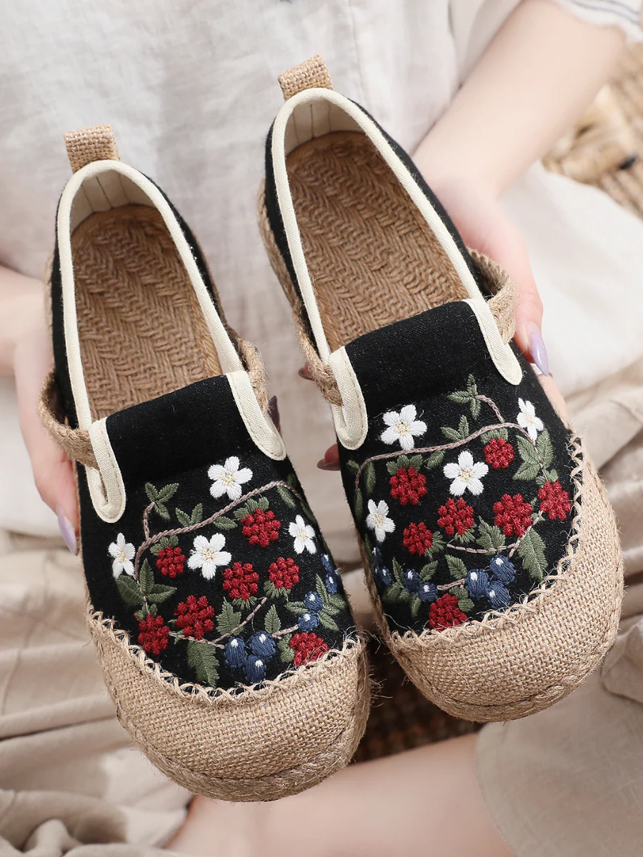 Cactus Rose | Berry Daisy Embroidered Linen Round Toe Espadrilles Loafers - Black - Image 7