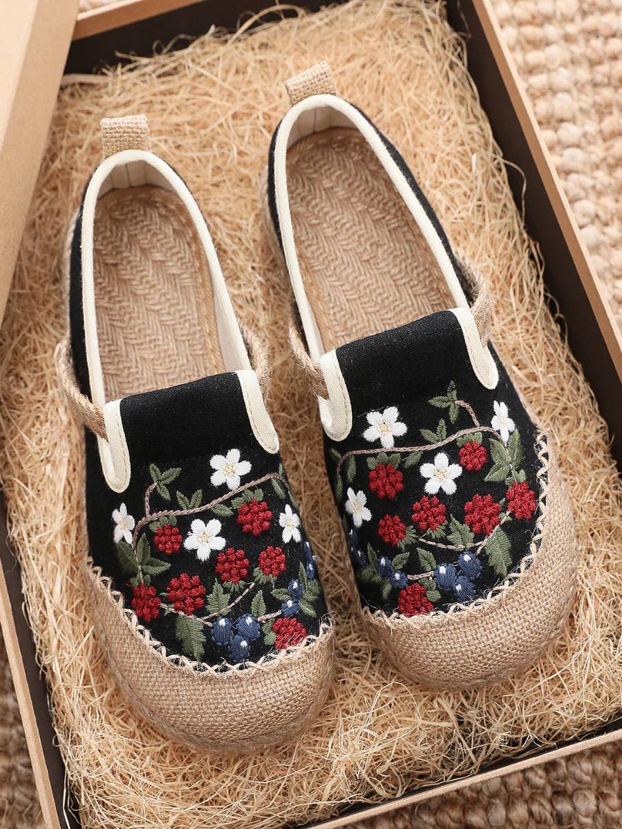 Cactus Rose | Berry Daisy Embroidered Linen Round Toe Espadrilles Loafers - Black - Image 8
