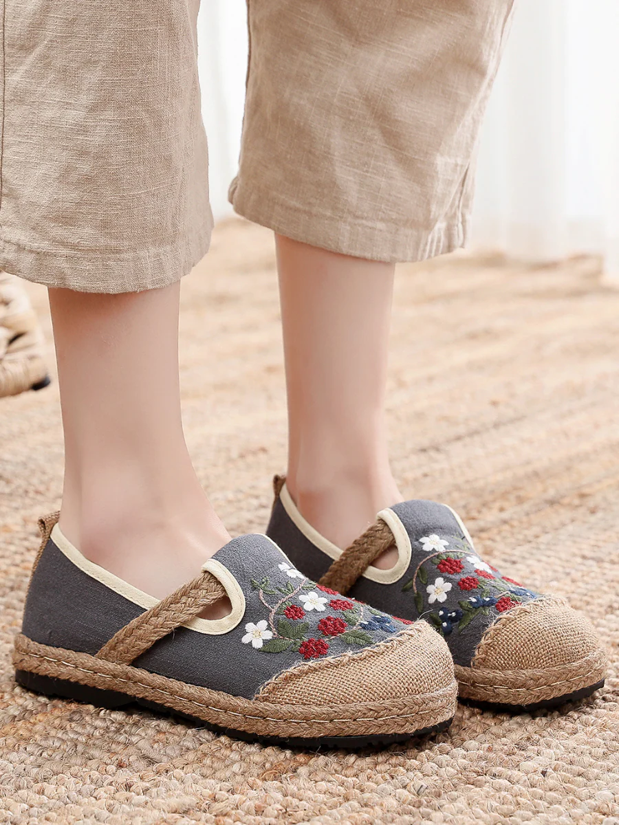 Cactus Rose | Berry Daisy Embroidered Linen Espadrilles Loafers Sneakers- Grey - Image 6