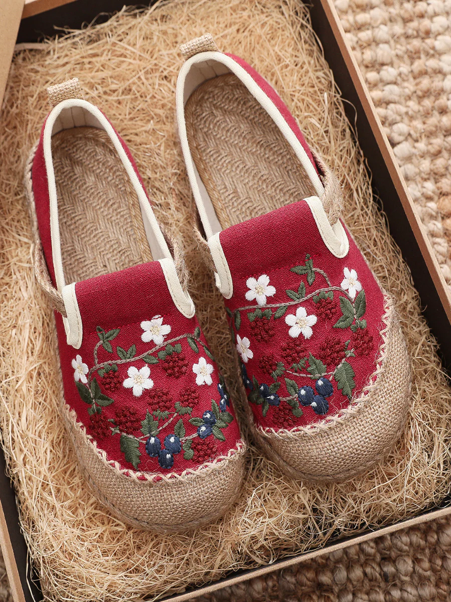 Cactus Rose | Berry Daisy Embroidered Linen Espadrille Loafers - Red - Image 3