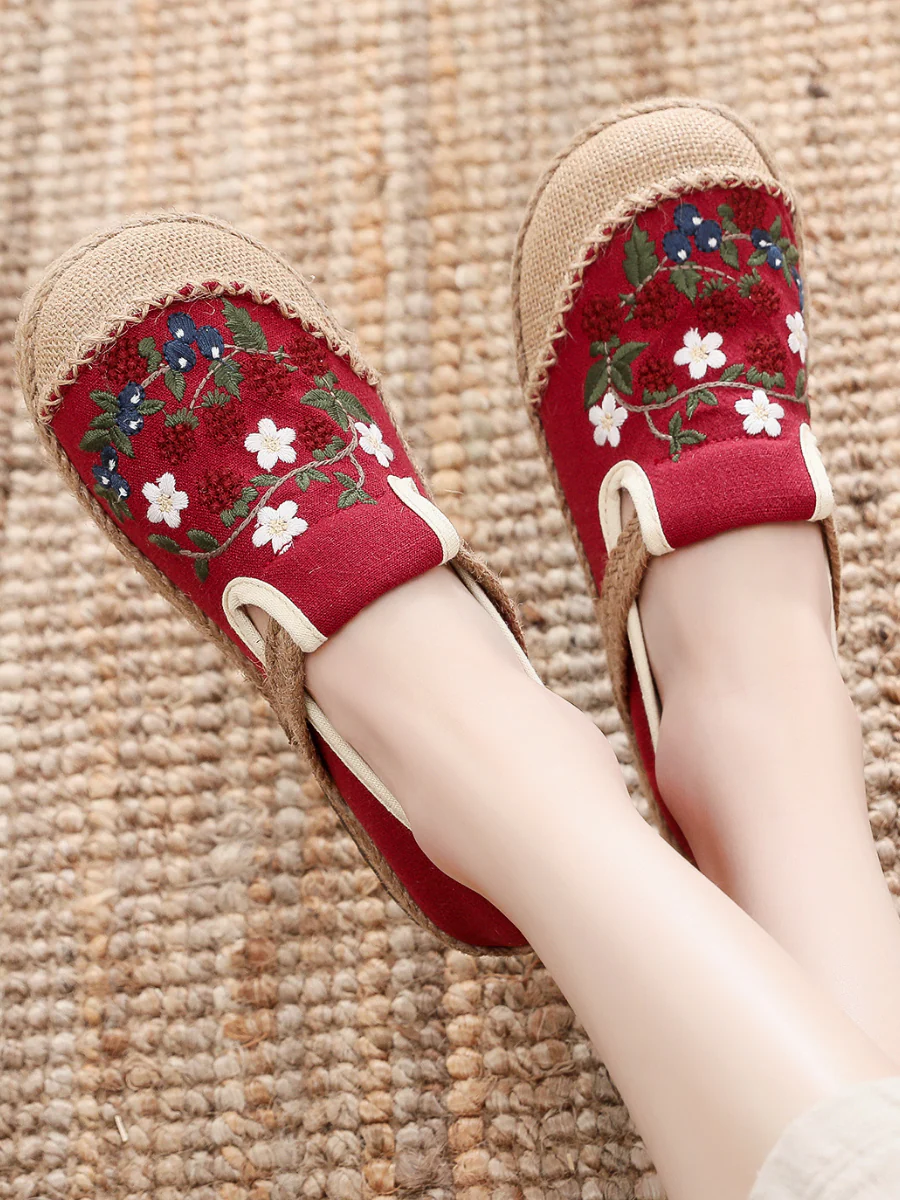 Cactus Rose | Berry Daisy Embroidered Linen Espadrille Loafers - Red - Image 4