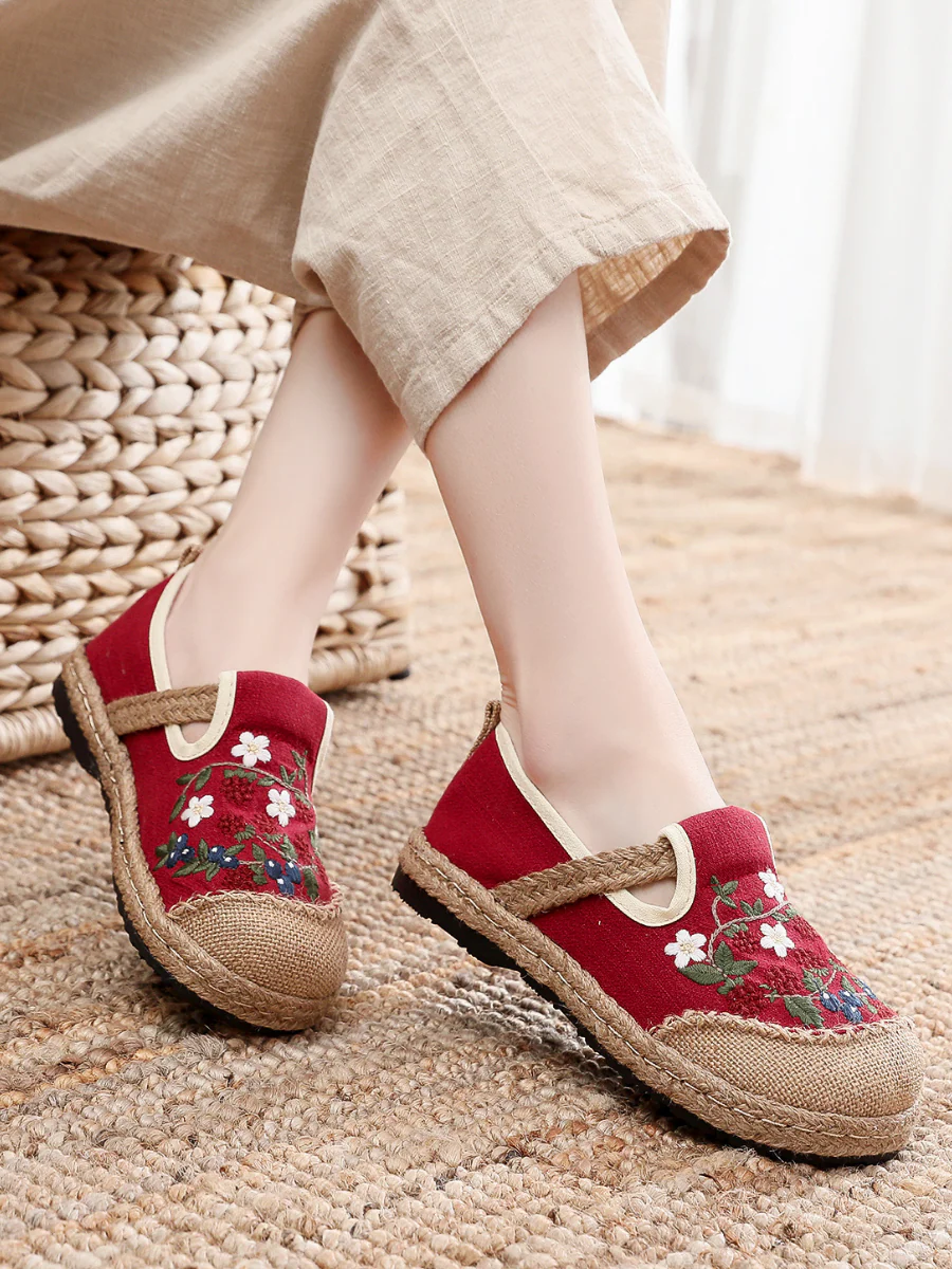 Cactus Rose | Berry Daisy Embroidered Linen Espadrille Loafers - Red - Image 5