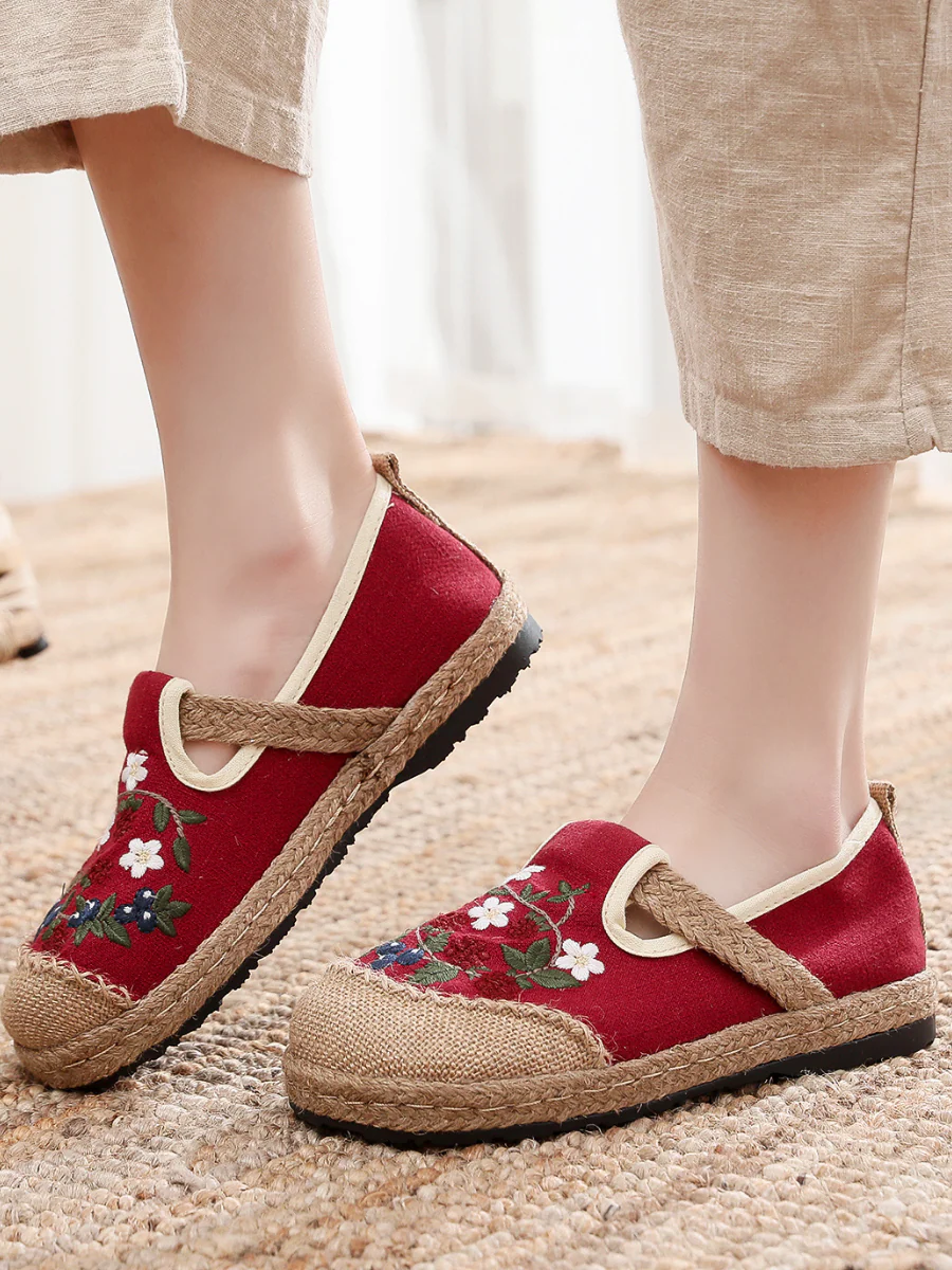 Cactus Rose | Berry Daisy Embroidered Linen Espadrille Loafers - Red - Image 6