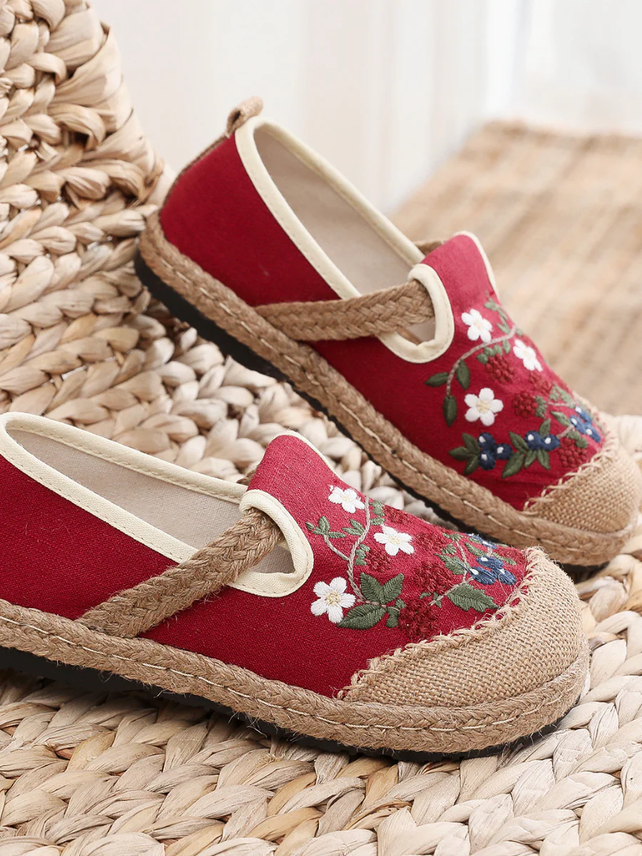 Cactus Rose | Berry Daisy Embroidered Linen Espadrille Loafers - Red - Image 7