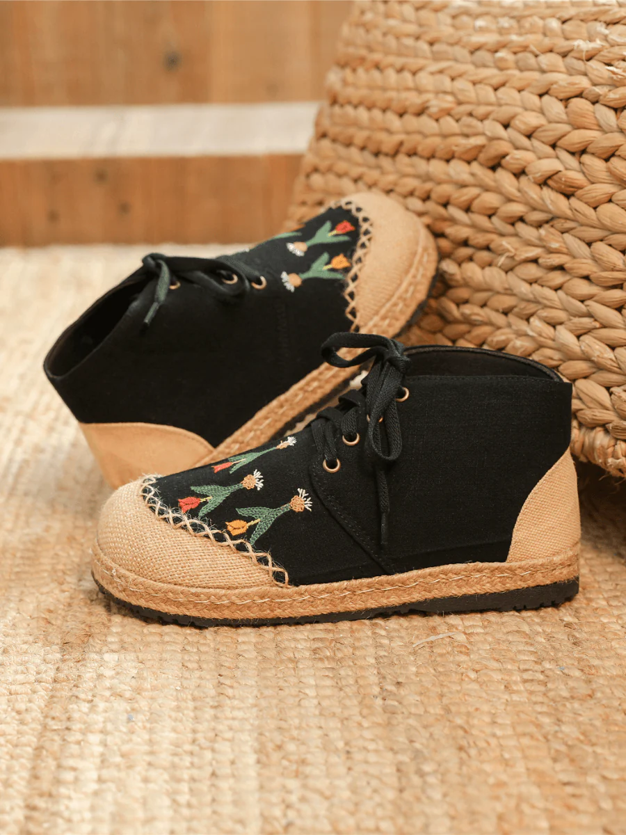 CACTUS ROSE | BLACK RETRO EMBROIDERED LINEN SNEAKER - Image 4