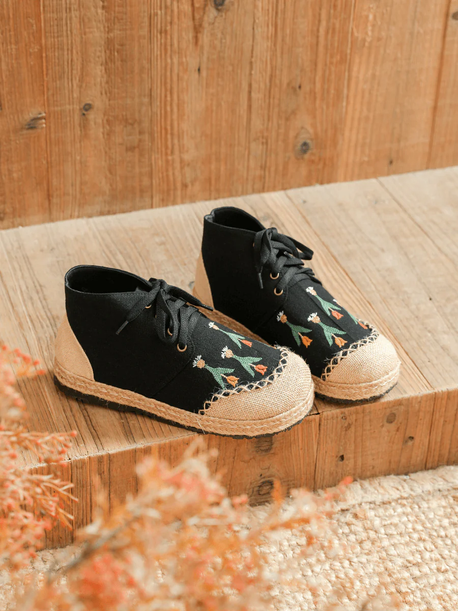 CACTUS ROSE | BLACK RETRO EMBROIDERED LINEN SNEAKER - Image 5